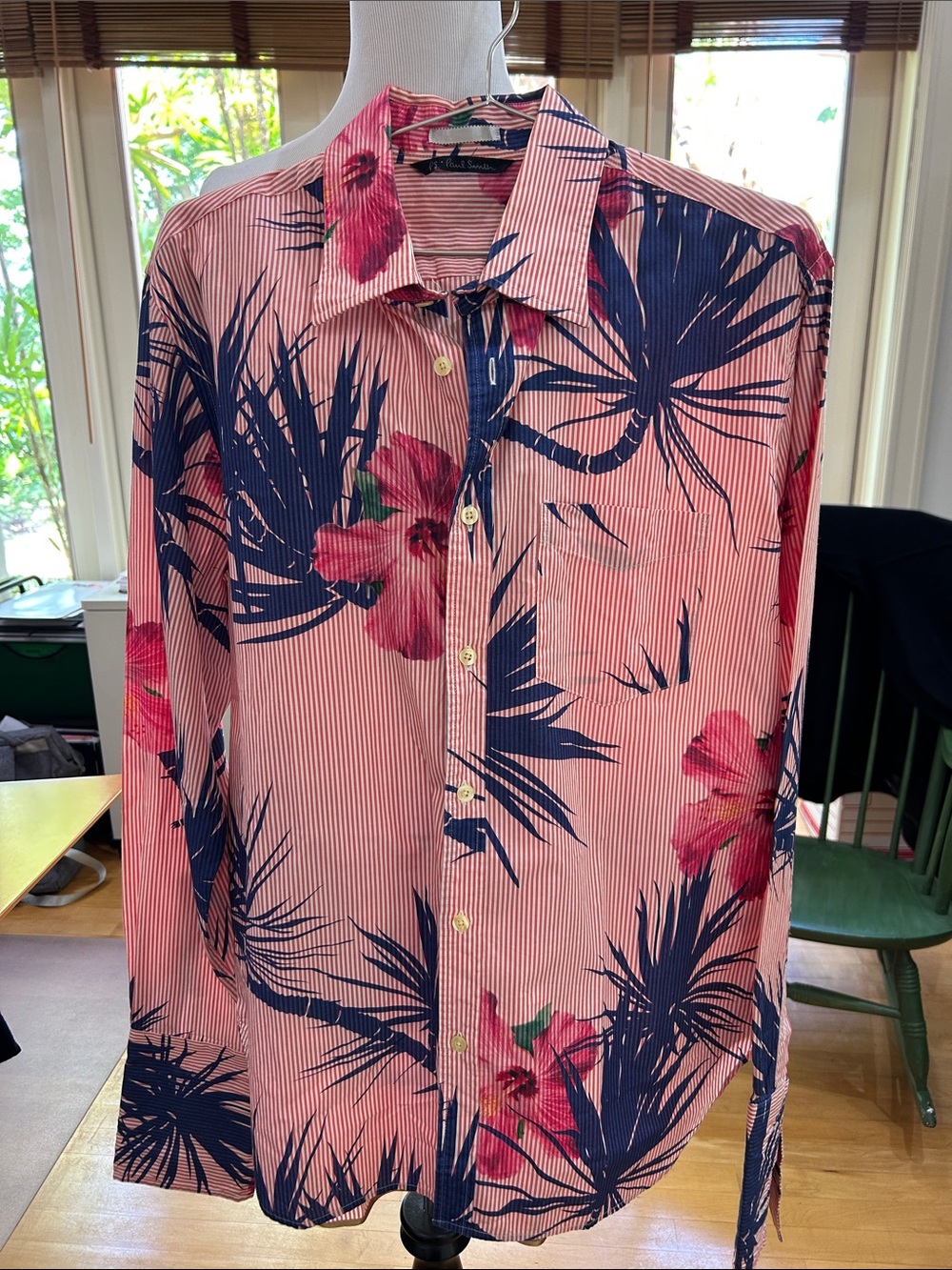 Paul Smith Pink Floral and Navy Leaf Print Button-Down Shirt
